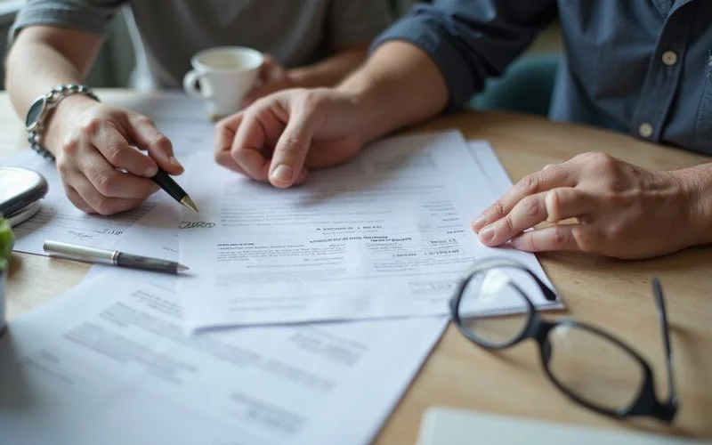 An adult child and elderly parent reviewing mortgage paperwork together at a kitchen table