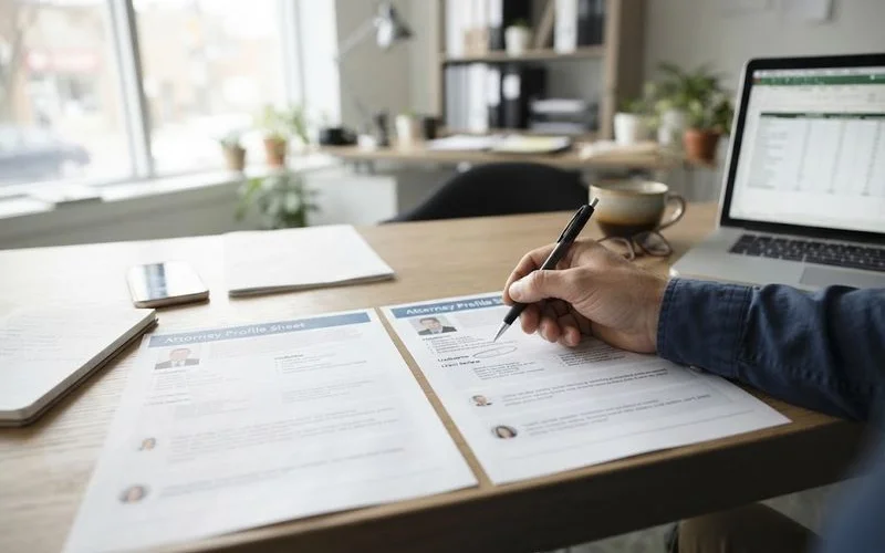 Homeowner at a kitchen table reviewing foreclosure paperwork on a laptop while comparing a shortlist of local attorney listings