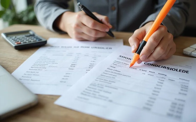 A calculator and mortgage statements next to a house key on a table