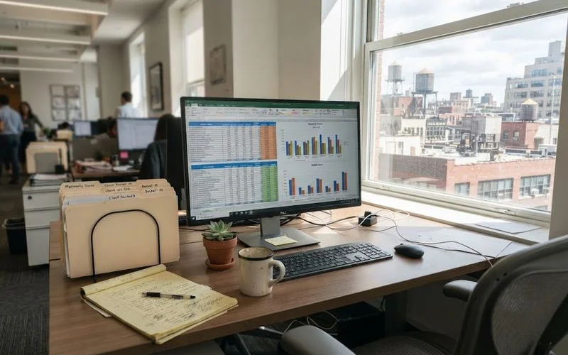 Split-screen illustration showing a stack of public business records on one side and a summarized star-rating snapshot on the other, connected by an arrow