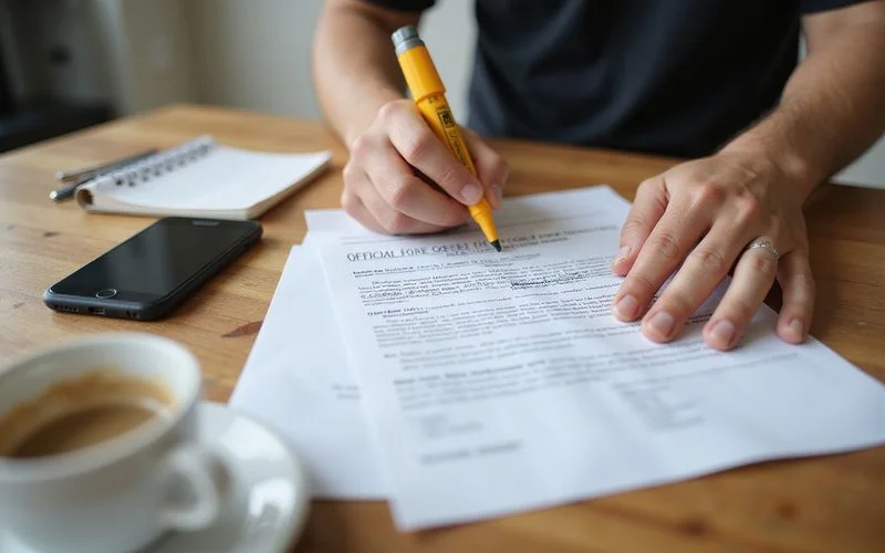 A homeowner reading a legal notice next to a folder of mortgage documents on a table