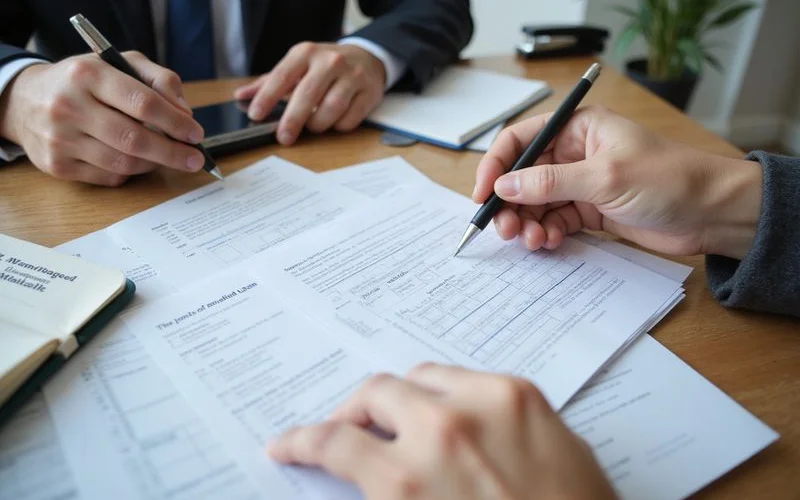 A homeowner reviewing loan modification paperwork with an attorney at a desk