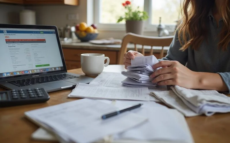 A person reviewing bills and a job search list at a table after a layoff