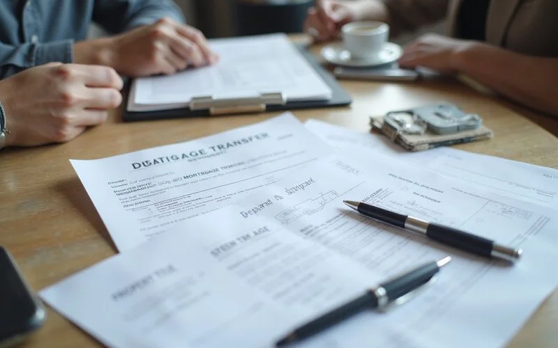 A house key placed on top of a mortgage document and a family photo