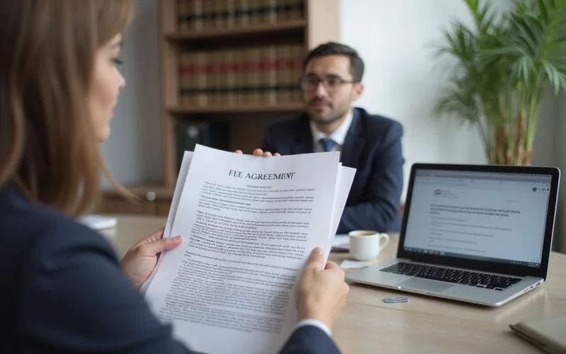 A client and attorney reviewing a fee agreement and retainer paperwork across a desk