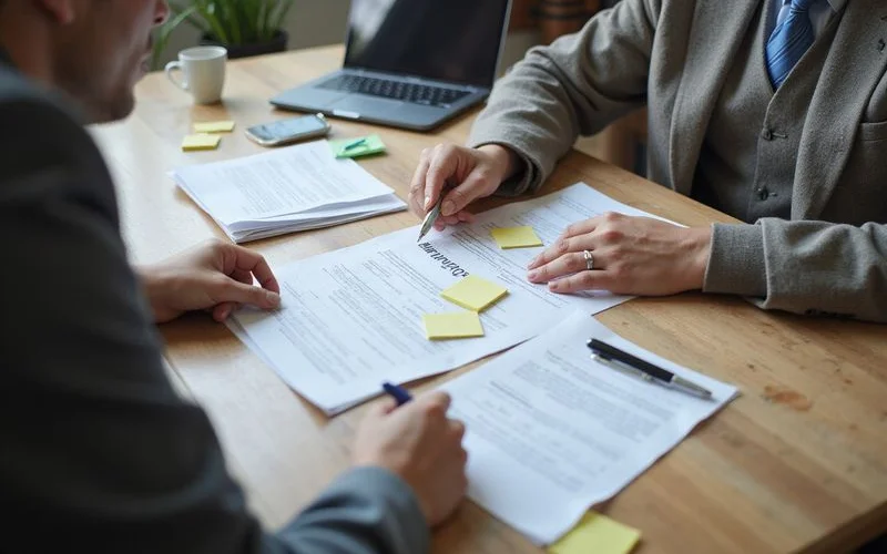 A homeowner and attorney reviewing bankruptcy and foreclosure paperwork side by side