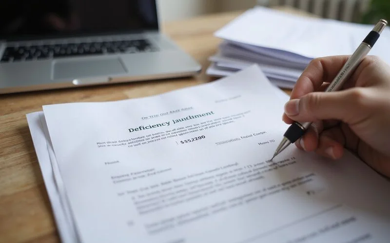 A person reviewing a debt collection letter and calculator at a kitchen table