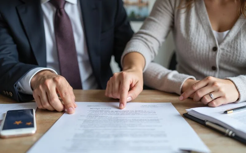 A buyer and attorney reviewing a real estate purchase contract at a closing table