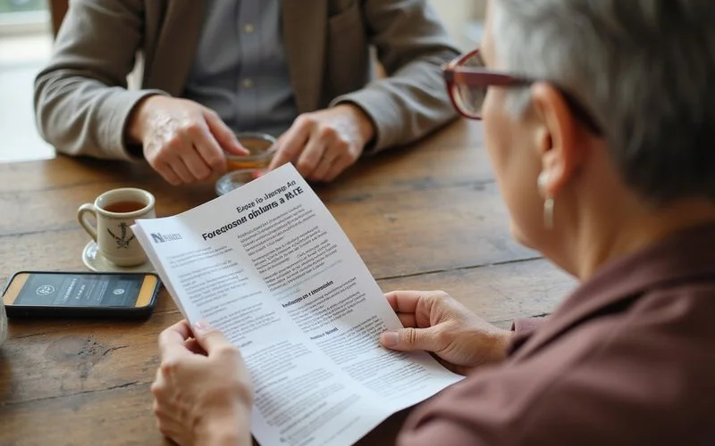 An elderly homeowner reviewing paperwork with a housing counselor at a small table